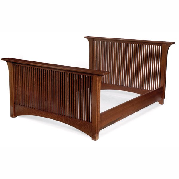 Prairie School bed, contemporary, king-size: Prairie School bed, contemporary, king-size, spindle head and footboards with full corbels and arched toe-board, 72"w x 89"l x 44"h, very good condition