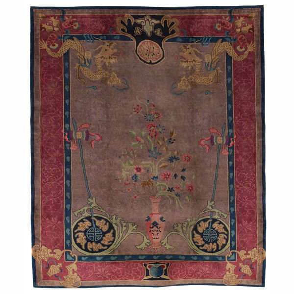 Chinese Deco rug, c. 1930, floral design: Good Chinese Deco rug, c. 1930, floral design on a grey field, red border featuring bat, dragon and fish motif, unusual design, 108"w x 139"l, patch to back, very good condition