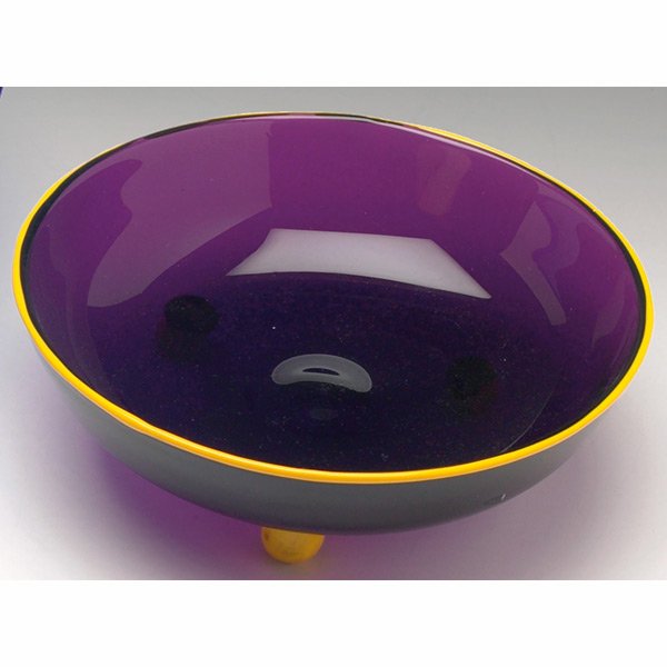 Loetz Tango bowl: Loetz Tango bowl, in the style of Michael Powolny, footed form in purple glass with yellow accents, 8.5"w x 2.75"h