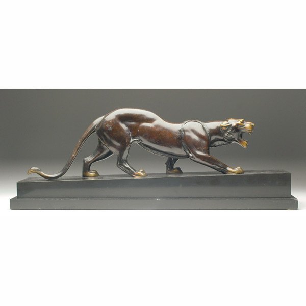 R. Rochard sculpture, bronze panther: R. Rochard sculpture, bronze panther in stalking pose, mounted on a rectangular sloping back onyx base, signed R. Rochard, c. 1925, 28"w