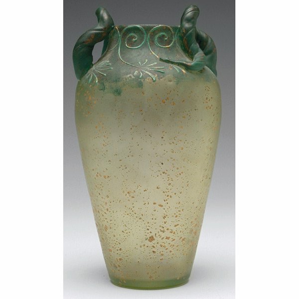 Loetz Cephalonia vase, shouldered form: Loetz Cephalonia vase, shouldered form with two twisting handles, unmarked, 4.5"w x 8"h
