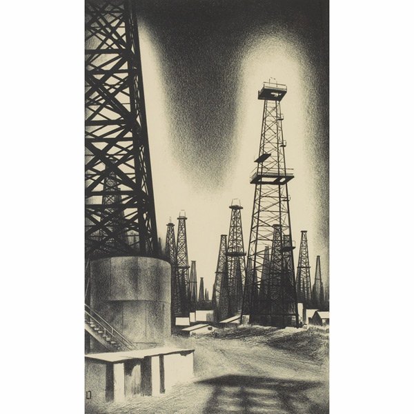 Louis Lozowick "Oil Country," 1936, lithograph: Louis Lozowick (Russian/American, 1892-1973) "Oil Country," 1936, lithograph, 12.5" x 7.5", intentionally unsigned, published by the American Artists Group, edition of 200, unframed