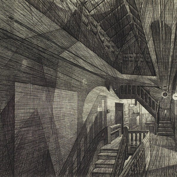 Armin Landeck "Stairhall," 1950, engraving: Armin Landeck (American, 1905-1984) "Stairhall," 1950, engraving, 12" x 14.5", pencil signed, dated and numbered, edition of 100, unframed