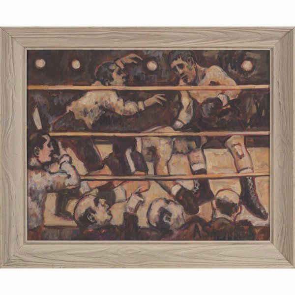 Arthur Smith "Boxers," c. 1950, oil on masonite: Arthur Smith (American, d. 1972) "Boxers," c. 1950, oil on masonite, 22" x 28", signed lower right, framed