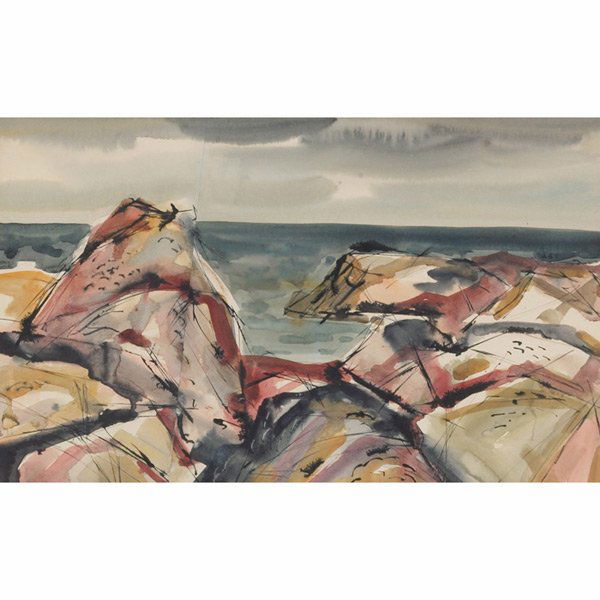 John Kasyn "Shore Scene," c. 1970, watercolor: John Kasyn (Canadian, b. 1926) "Shore Scene," c. 1970, watercolor, 16" x 24", signed lower right, framed