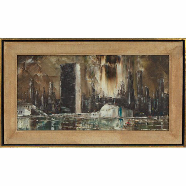 Robert Lebron "Cityscape," c. 1970, oil on canvas: Robert Lebron (American, b. 1928) "Cityscape," c. 1970, oil on canvas, 12" x 24.25", signed lower right, framed
