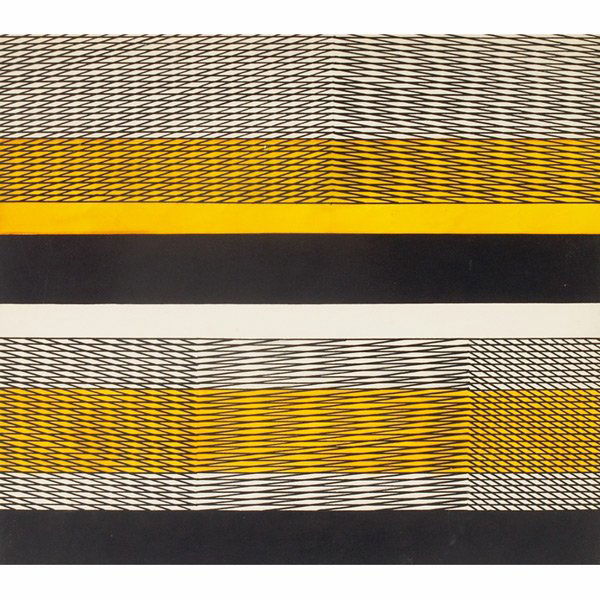 Angelo Testa "Untitled - Black White and Yellow,": Angelo Testa (American, 1918-1984) "Untitled - Black White and Yellow," c. 1970, ink on illustration board, 15.75" x 17.75", unsigned, Gary Snyder Fine Art label on verso, framed