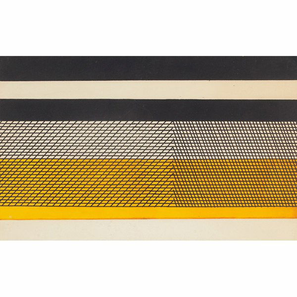 Angelo Testa "Untitled - Black White and Yellow,": Angelo Testa (American, 1918-1984) "Untitled - Black White and Yellow," c. 1970, ink on illustration board, 11" x 17.75", unsigned, Gary Snyder Fine Art label on verso, framed