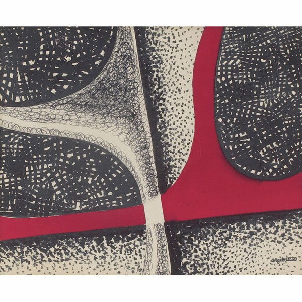 Angelo Testa "Abstract in Red and Black," c. 1970,: Angelo Testa (American, 1918-1984) "Abstract in Red and Black," c. 1970, pen, india ink and watercolor, 12.25" x 15", estate stamped lower right, framed