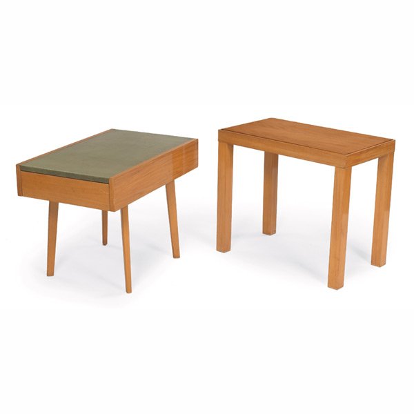 George Nelson tables, two,: George Nelson tables, two, by Herman Miller, occasional table in birch with one drawer and original green leather to top, foil Herman Miller label, 19"w x 30"d x 22"h, with a model 635W side table, bi