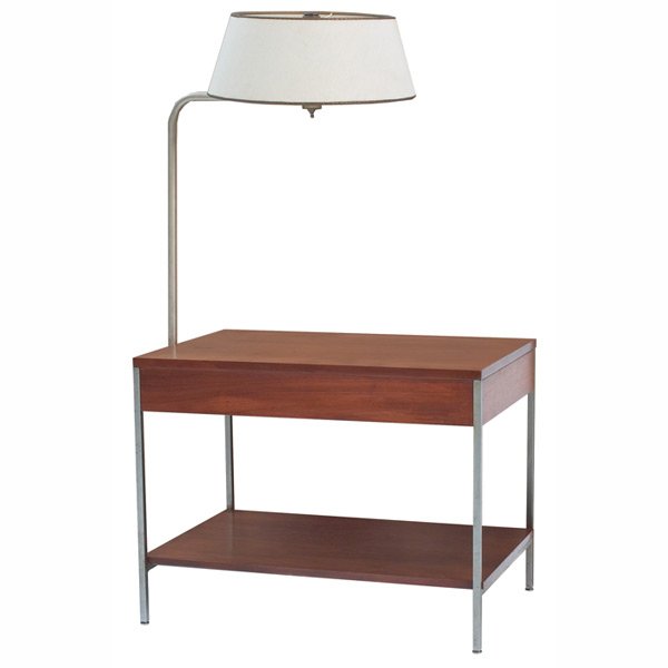 George Nelson end table with lamp: George Nelson end table with lamp, by Herman Miller, walnut table with one drawer and one shelf on steel legs with attached lamp, lamp with original shade, original finish, unsigned, 17"w x 24"d x 40.