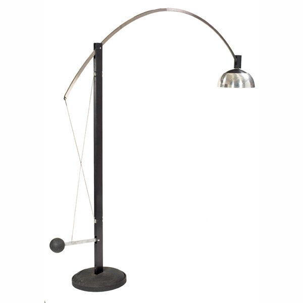 Robert Sonneman floor lamp, polished aluminum: Robert Sonneman floor lamp, polished aluminum shade supported by an adjustable arm held in place by a ball counterweight, swivel base, shade is 16"dia., overall width: 115", height as shown: 85", very