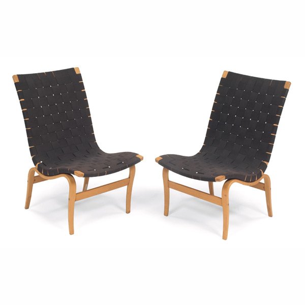 Bruno Mathsson chairs, pair, by Karl Mathsson: Bruno Mathsson chairs, pair, by Karl Mathsson, beech frames with black cotton webbing, burned mark on each "Bruno Mathsson design Made in Sweden" and dated 1959, original finish, 19"w x 24"d x 33"h, g