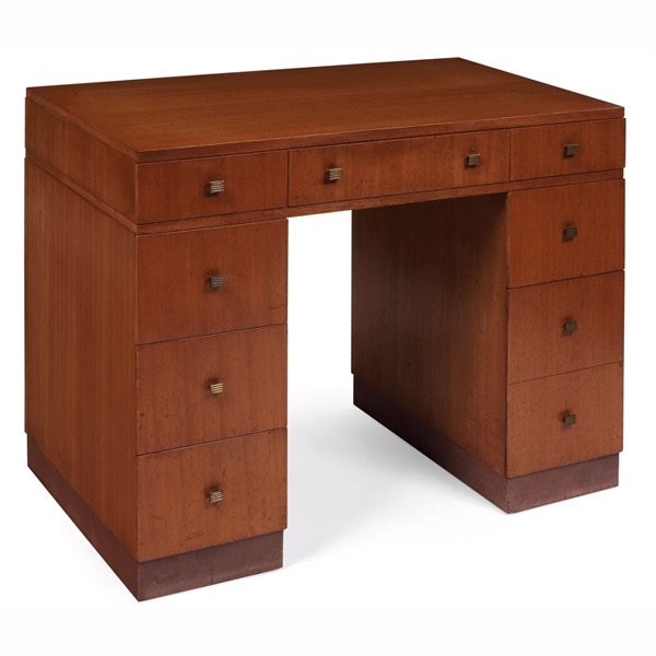 Edward Wormley desk, by Dunbar, 1940s, bleached ma: Edward Wormley desk, by Dunbar, 1940s, bleached mahogany, double pedestal form with eight drawers, original brass pulls, leather-wrapped platform base, original finish, 44"w x 24"d x 30.25"h, very goo