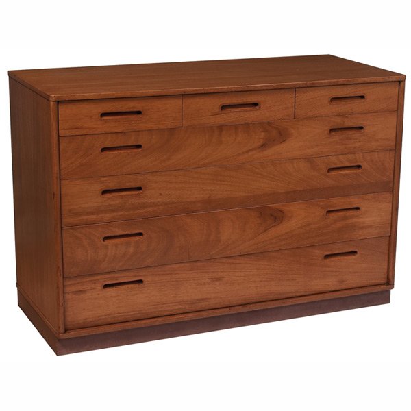 Edward Wormley dresser, by Dunbar, 7 drawers: Edward Wormley dresser, by Dunbar, bleached mahogany, c.1940, seven drawers with cutout pulls, leather-wrapped platform base, original finish, signed with branded mark "Dunbar", 46"w x 20"d x 31"h, ex