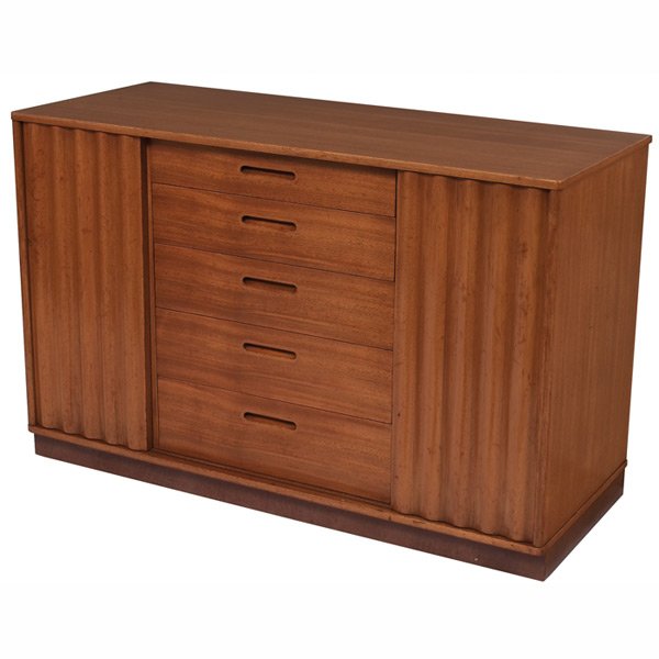 Edward Wormley Mr. & Mrs. cabinet, by Dunbar: Edward Wormley Mr. & Mrs. cabinet, by Dunbar, bleached mahogany, c.1940, two molded plywood sliding doors, five drawers to center, four shelves, leather-wrapped platform base, original finish, signed 