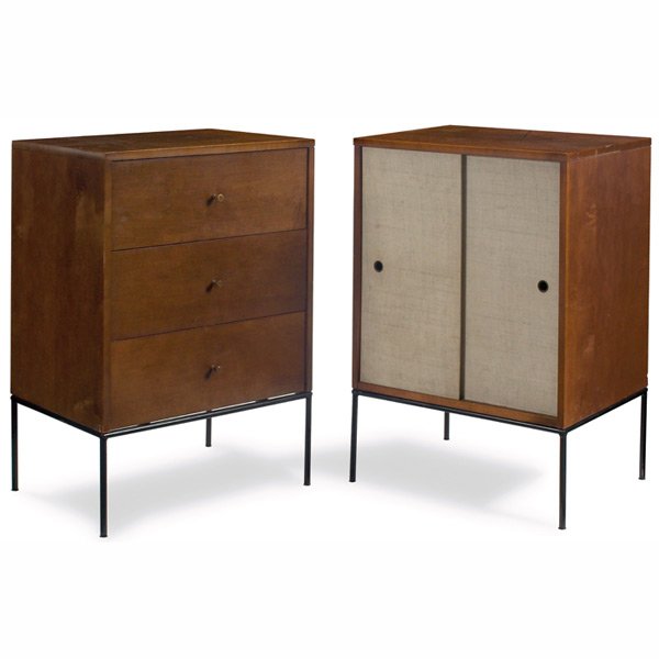 Paul McCobb Planner Group cabinets, pair: Paul McCobb Planner Group cabinets, pair, by Winchendon, maple cases over black rod legs, one with three drawers and one with two sliding doors, each with Planner Group label, original finish, 24"w x
