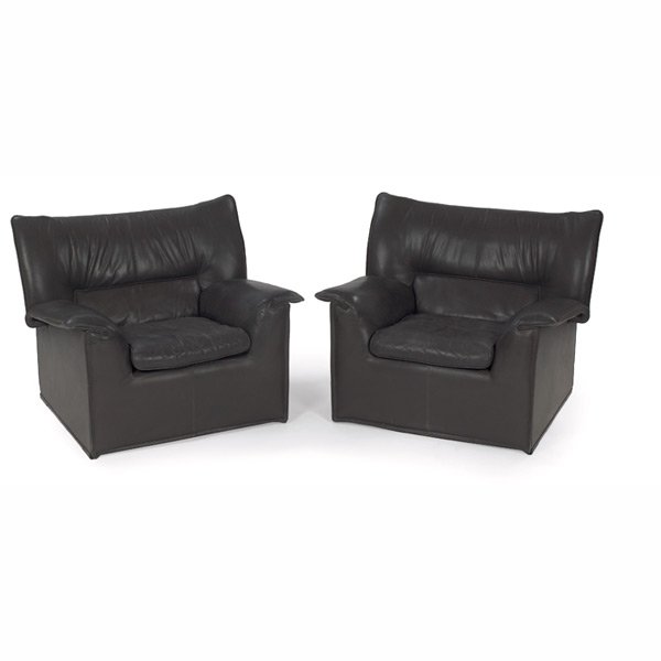 Afra and Tobia Scarpa "Lauriana" chairs, pair: Afra and Tobia Scarpa "Lauriana" chairs, pair, by B&B Italia, Italy, large forms with original gray leather upholstery, tufted buttons to back, signed with B&B Italia and B&B America labels, original 