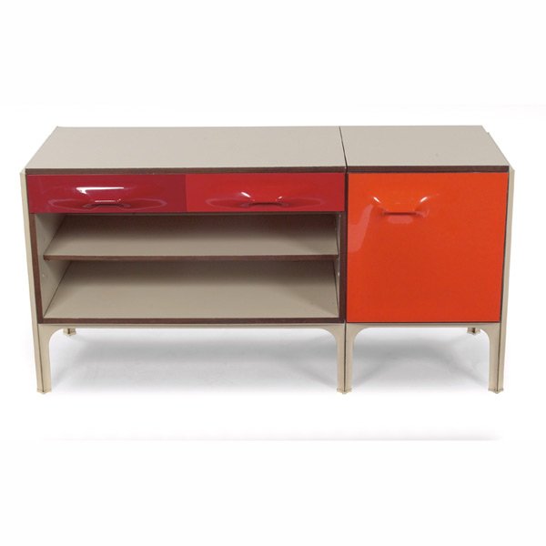 Raymond Loewy DF2000 desk, by Doubinsky Freres: Raymond Loewy DF2000 desk, by Doubinsky Freres, made in France, wood and laminate cabinet with red and orange molded plastic drawer fronts, one door conceals bright orange lacquered drawers, top slide