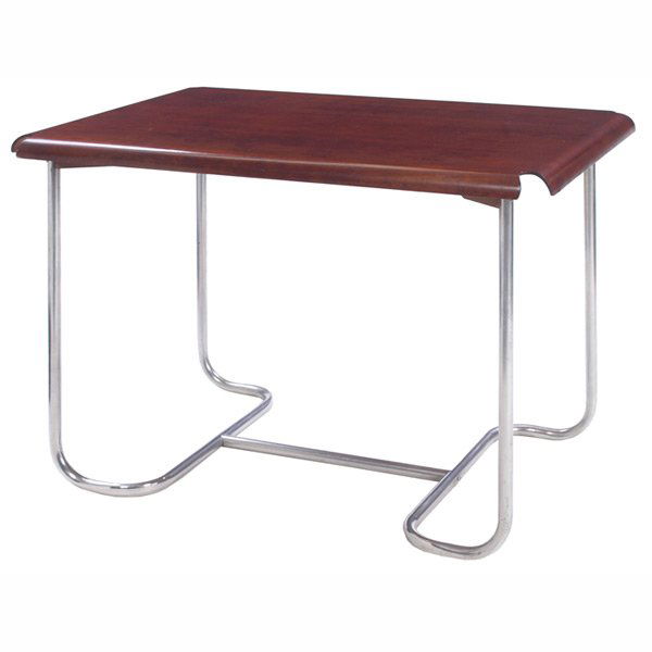 Evans Products table, c. 1940, molded plywood top: Evans Products table, c. 1940, molded plywood top with cut corners and rounded edges which curve downward over a tubular aluminum base, unsigned, refinished, 42"w x 30"d x 28.5"h, very good condition