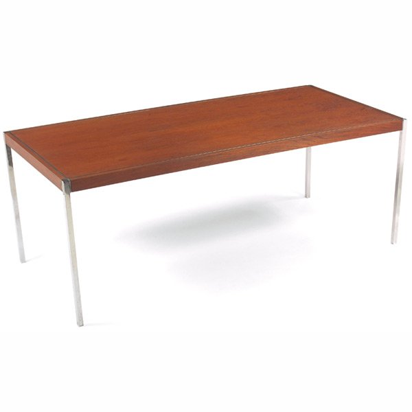 Richard Schultz dining table/desk, by Knoll, rose: Richard Schultz dining table/desk, by Knoll, rosewood, rectangular top with polished steel legs at four corners and inlaid detail along edges, unsigned, original finish, 76"w x 36"d x 28.75"h, very go