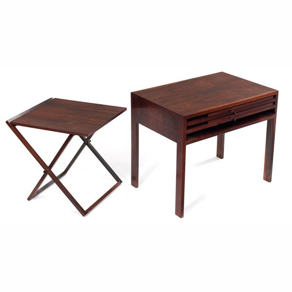Selig tray tables, Denmark, rosewood, in cabinet: Selig tray tables, Denmark, rosewood, three folding trays with storage cabinet, signed with red and white Selig tag marked "Made in Denmark," original finish, cabinet: 23,5"w x 15.75"d x 19.75"h, tray