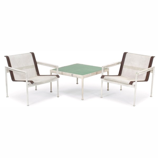 Richard Schultz chairs and coffee table, by Knoll: Richard Schultz chairs and coffee table, by Knoll, two chairs with white and brown vinyl and mesh seat in a cast aluminum frame, 26"w x 28"d x 26"h, coffee table with original bright green enameled to