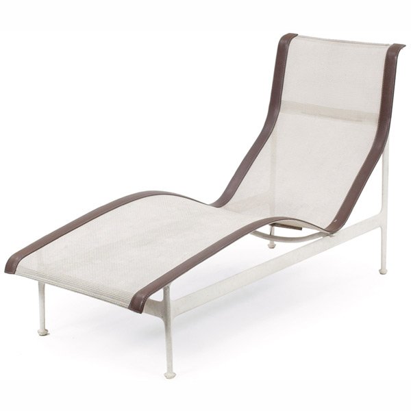 Richard Schultz chaise lounge, by Knoll,: Richard Schultz chaise lounge, by Knoll, white and brown vinyl and mesh seat in a cast aluminum frame, 22"w x 55"l x 34"h, very good condition