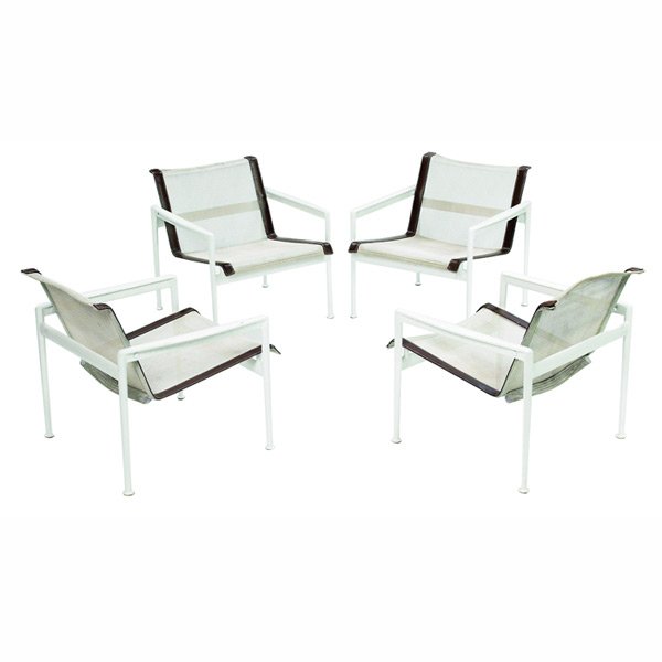 Richard Schultz dining/lounge chairs, four: Richard Schultz dining/lounge chairs, four, white and brown vinyl and mesh seats in cast aluminum frames with white coated finish, 26"w x 28"d x 26.5"h, very good condition