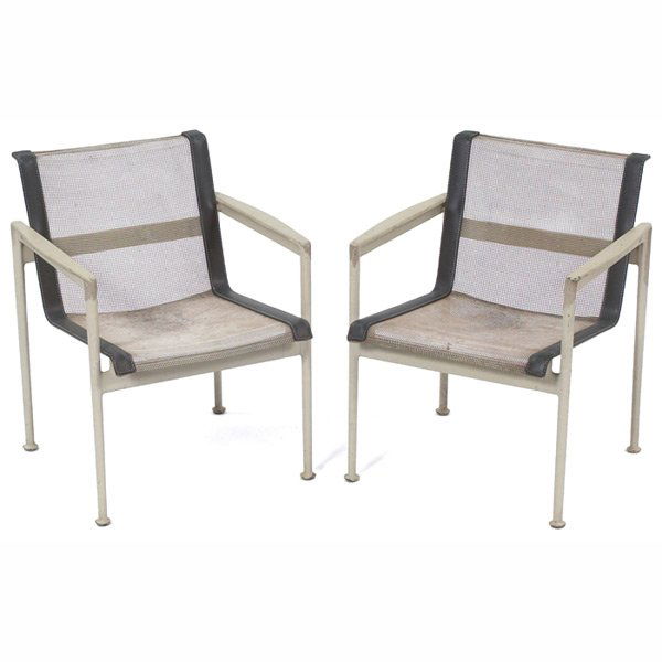 Richard Schultz lounge chairs, pair, by Knoll : Richard Schultz lounge chairs, pair, by Knoll, white and brown vinyl and mesh seats in cast aluminum frames, 23.5"w x 24"d x 29"h, discoloration, good condition