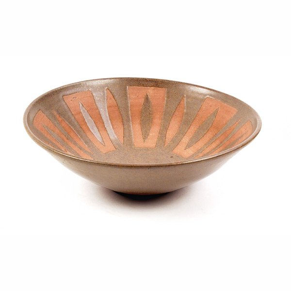 Clyde Burt bowl, stoneware, geometric wax relief: Clyde Burt bowl, stoneware, brown glaze with geometric wax relief decoration, incised "CB", 9"dia. x 3"h, mint condition