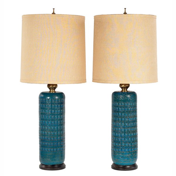 Bitossi for Raymor lamps, pair,: Large Bitossi for Raymor lamps, pair, ceramic, impressed design covered in blue and green glaze, brass hardware, wood base, each with original shade, bases: 21.5"h, with shades: 43"h, excellent condit
