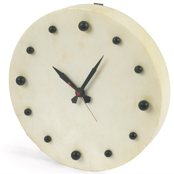 Italian marble wall clock, 1950s: Italian marble wall clock, 1950s, round white marble with black wood hour markers and black metal hands, red second hand, unsigned, made in Italy sticker, 12.5"dia., very good condition