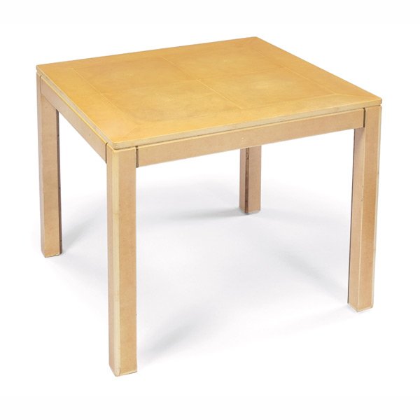 Karl Springer game table, faux painted shagreen s: Karl Springer game table, faux painted shagreen surface, metal trim to legs, original finish, unsigned, 34"w x 34"d x 29.25"h, very good condition