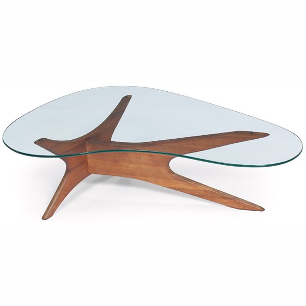 Scandinavian coffee table, walnut frame i: Scandinavian coffee table, walnut frame in the style of Kagan, biomorphic glass top, unsigned, 51"w x 33"d x 16"h, very good condition