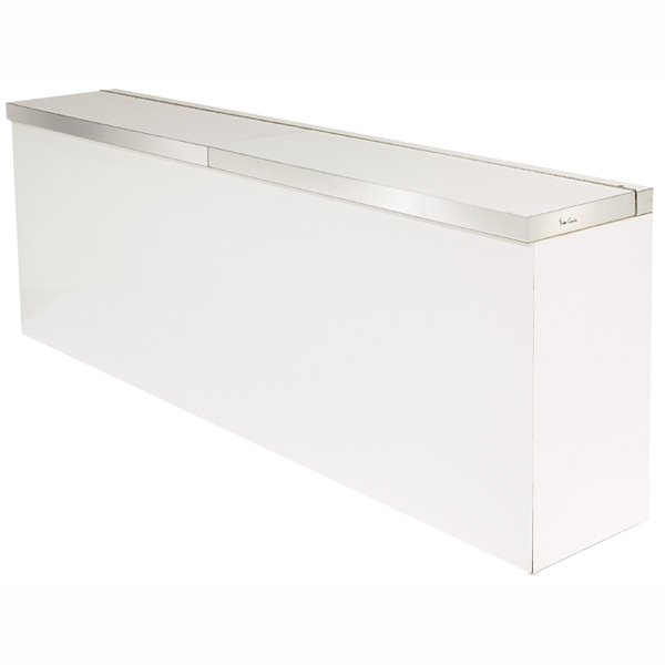 Pierre Cardin headboard, USA, 1970s: Pierre Cardin headboard, USA, 1970s, white laminate with metal trim, two lift top compartments, signed on right side edge, lighted interior, 80"w x 14"d x 28"h, very good condition