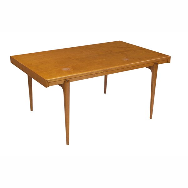 Edmund Spence refectory dining table, Sweden: Edmund Spence refectory dining table, Sweden, rectangular birch top with grooved detail to edge, slide out extensions hold two 13.25" leaves, signed with branded mark, closed: 64"w x 40"d x 30"h, with