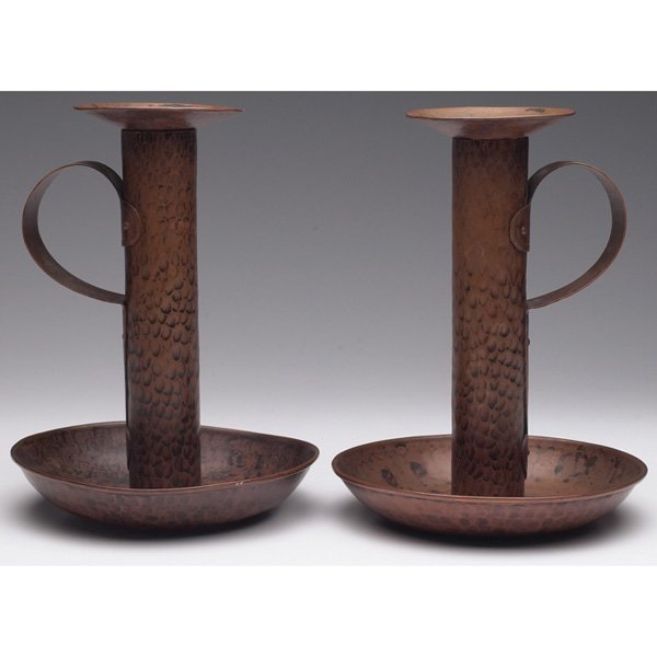 Gustav Stickley chamber sticks, #74, pair: Gustav Stickley chamber sticks, #74, pair, large form in hammered copper, original patina, impressed mark, removable bobeche, 7"w x 9.5"h