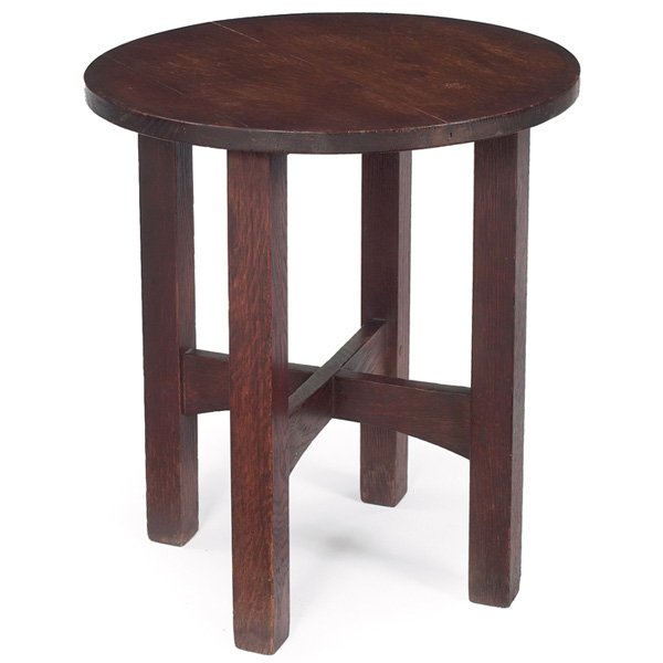 Gustav Stickley tabouret, #603: Good Gustav Stickley tabouret, #603, circular top over an arched cross-stretcher base, signed with red decal, original finish, 18"dia x 20"h, excellent condition