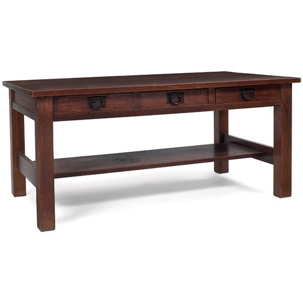 Gustav Stickley library table, #619: Good Gustav Stickley library table, #619, massive three-drawer form with original iron hardware, wide lower stretcher, original finish, some seam separation to top, signed with large red decal, 66.5"w
