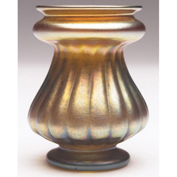 L.C. Tiffany vase, gold favrile glass: L.C. Tiffany vase, miniature ribbed form in gold favrile glass with overall iridescence, signed L.C. Tiffany-Favrile, #9272K, 2.25"w x 3"h
