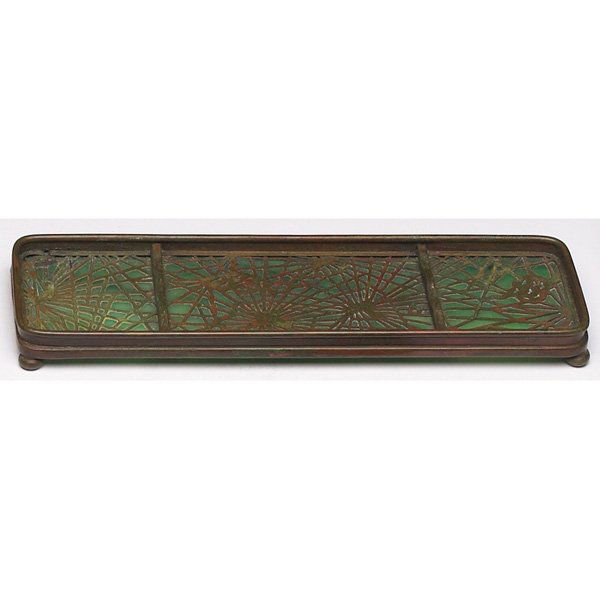 Tiffany Studios pen tray, bronze pine needle: Tiffany Studios pen tray, bronze with a pine needle pattern over green, blue and white glass, original patina, signed Tiffany Studios, New York, #1004, 2.75"w x 9.5"l