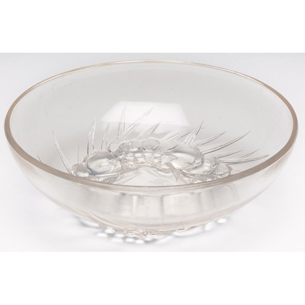 R. Lalique Mont-Dore bowl, ca. 1928, clear glass: R. Lalique Mont-Dore bowl, ca. 1928, clear glass with molded fruit on bottom, signed R. Lalique, France, 8.5"w x 3"h