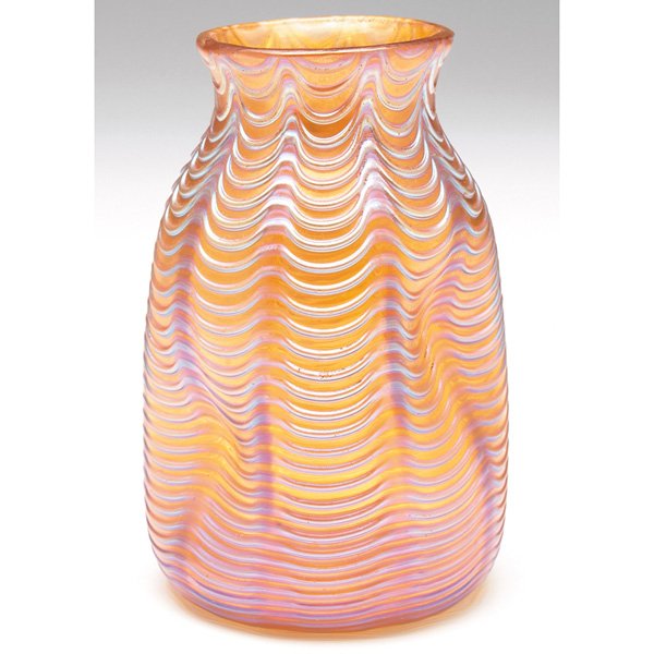 Loetz Aeolus vase, applied threading: Loetz Aeolus vase, indented shape with applied threading, unmarked, 2.5"w x 3.5"h