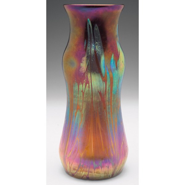 Loetz Medici vase, overall iridescence: Large Loetz Medici vase, unusual shape with overall iridescence, unmarked, 4.5"w x 10"h