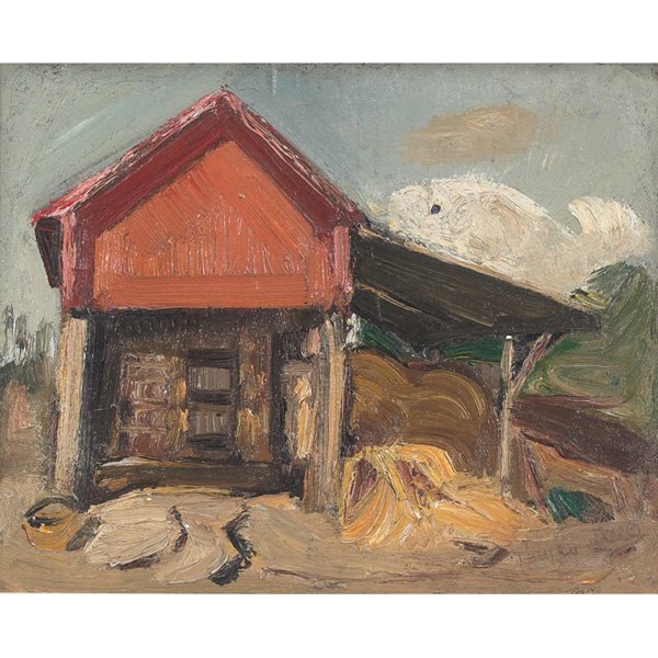 Richard Hayley Lever "Barn and Breezeway," c. 1920: Richard Hayley Lever (American, 1876-1958) "Barn and Breezeway," c. 1920, oil on board, 9" x 11", signed lower right, framed