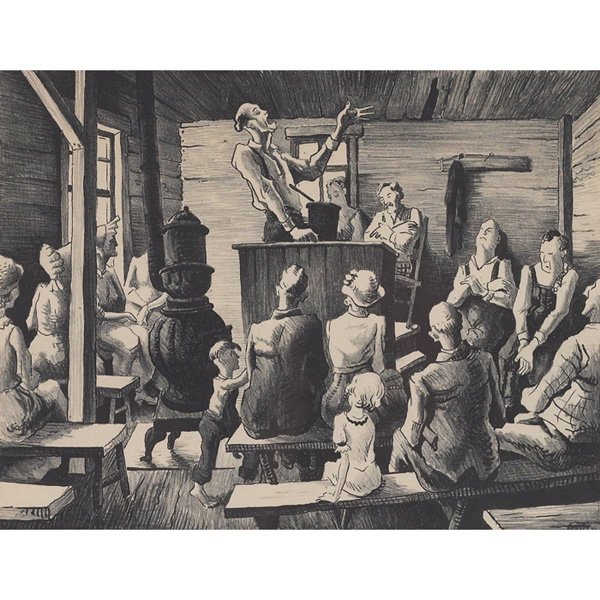 Thomas Hart Benton "The Meeting," 1941, lithograph: Thomas Hart Benton (American, 1889-1975) "The Meeting," 1941, lithograph, 8.75" x 11.5", pencil signed, framed