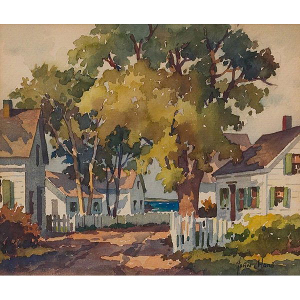 John Cuthbert Hare "Street Scene - Provincetown,": John Cuthbert Hare (American, 1908-1978) "Street Scene - Provincetown," c. 1940, watercolor, 6.5" x 7.5", signed lower right, titled on matt, framed