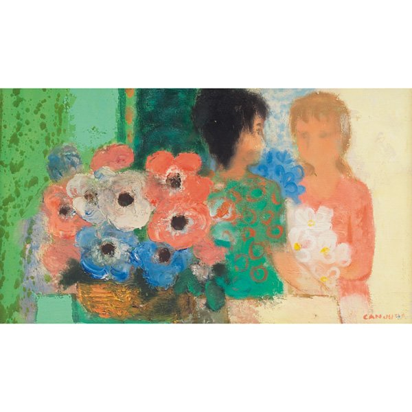 Noe Canjura "Anemones," c. 1970, oil on canvas: Noe Canjura (French, 1925-1973) "Anemones," c. 1970, oil on canvas, 11" x 18", signed lower right, titled on plate, framed