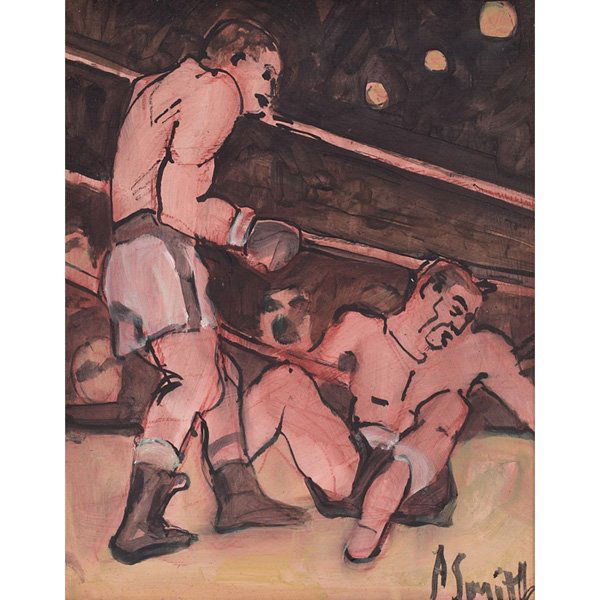 Arthur Smith "Boxers," c. 1950, oil on masonite: Arthur Smith (American, d. 1972) "Boxers," c. 1950, oil on masonite, 10" x 8", signed lower right, framed